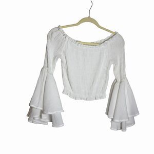 White Off Shoulder Peasant Top Smocked Crop Blouse Trumpet Sleeve Boho Small
